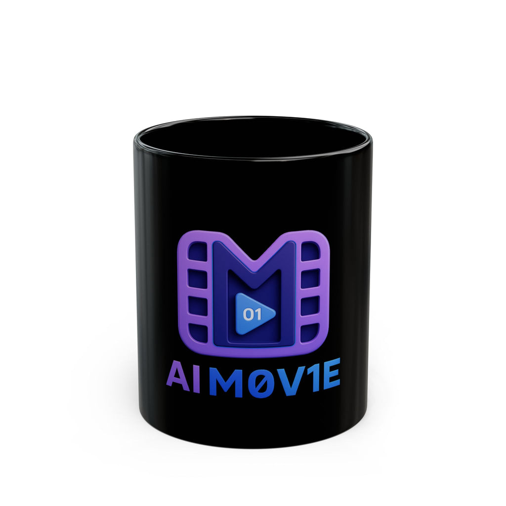 AI M0V1E Logo Black Mug — 11oz/15oz Coffee Cup for Filmmakers & AI Tech Fans